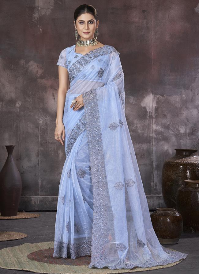 Organza Blue Party Wear Embroidery Work Saree